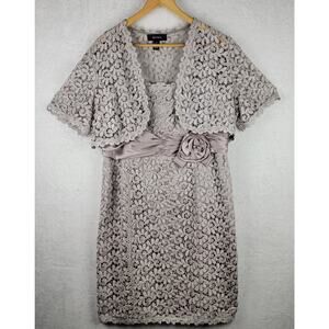 Sz 18 R&M Formal Set Sleeveless Dress Short Jacket Taupe Crochet Floral Wedding